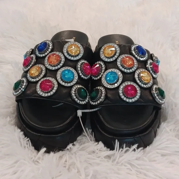 Kurt Geiger Rainbow Rhinestone Gem Crystal Leather Quilted Slip On Sandal New - Picture 11 of 15